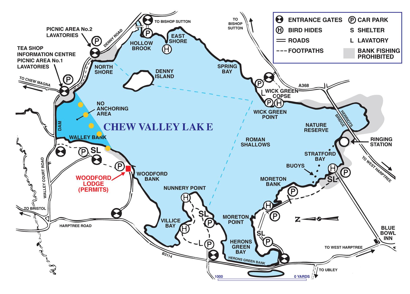 a map of chew valley lake. for more information please contact the Bristol Water Fisheries Team on 01275 332339