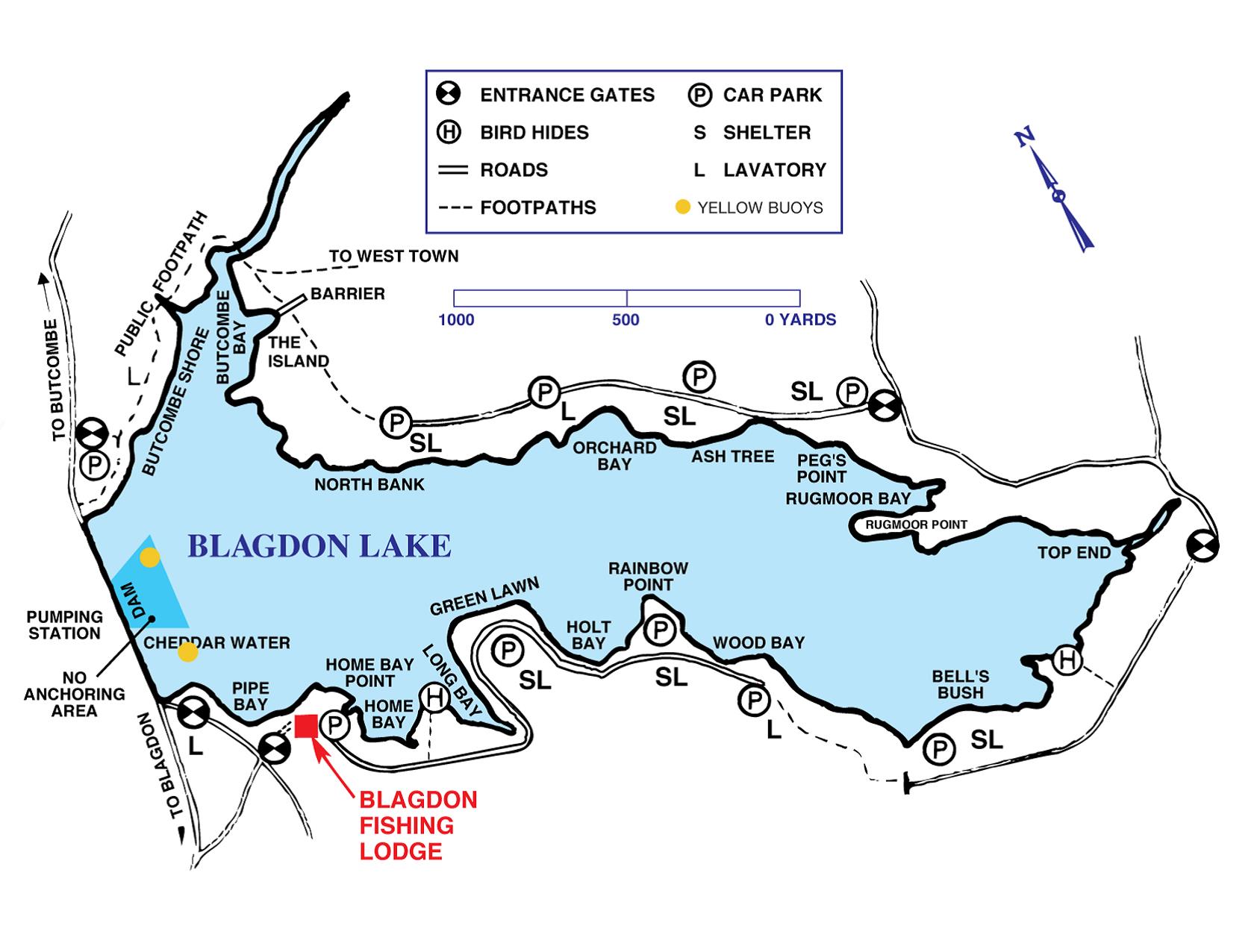 a map of Blagdon lake. for more information please contact the Bristol Water Fisheries Team on 01275 332339